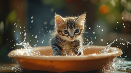 A playful kitten splashing in a shallow water dish, with droplets flying around and a curious expression on its face.の素材