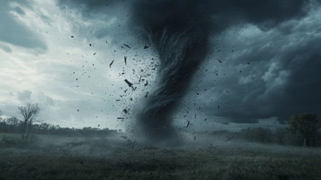 A powerful tornado twisting through a rural landscape, with dark, ominous clouds and debris being lifted into the air, illustrating the destructive force of the storm.の素材