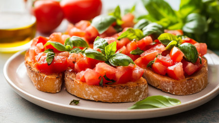 A plate of Italian bruschetta with tomatoes, basil, and olive oil, elegantly arranged on a white dish, showcasing the fresh and vibrant ingredients.の素材