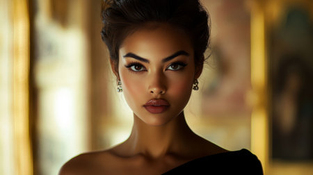 A portrait of a woman with flawless makeup and a sophisticated hairstyle, showcasing her refined beauty and confidence in a stylish, well-lit settingの素材