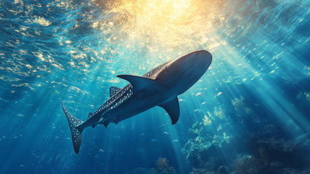 A majestic whale shark swimming gracefully in clear blue waters, with sunlight filtering through, showcasing its large, spotted body.の素材