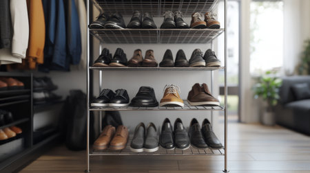 A metal shoe rack with multiple tiers, holding an assortment of shoes including dress shoes, sneakers, and casual footwear, in a modern home.の素材