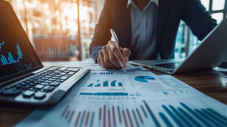 A professional banker reviewing financial documents at a desk with a laptop and calculator, surrounded by charts and graphs indicating market trendsの素材