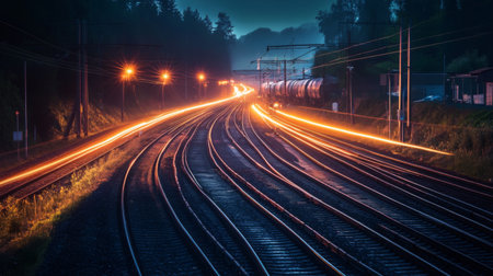 A nighttime shot of railway tracks illuminated by the headlights of an approaching train, creating a dramatic and vibrant scene with motion and light.の素材