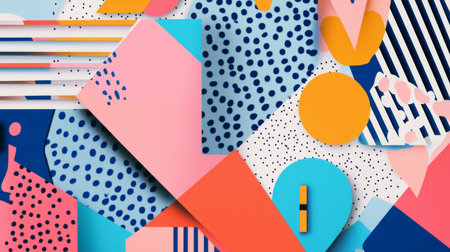 A playful, geometric background with bright shapes and patterns, ideal for adding a modern and dynamic touch to creative projects or presentations.の素材