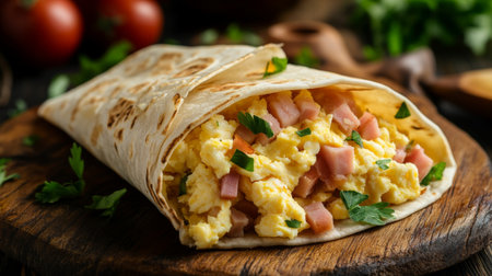A close-up of scrambled eggs folded into a warm tortilla, with additional ingredients like cheese and ham, showcasing a delicious breakfast burritoの素材