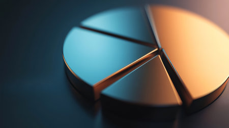 A close-up of a 3D pie chart with metallic textures, its sections separated slightly to emphasize financial data distribution in business analysis.の素材