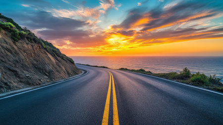 A coastal road with breathtaking ocean views, where the turquoise waters meet the road, and the sunset paints the sky in vibrant hues.の素材