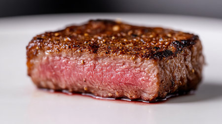 A close-up of a beautifully seared steak with a caramelized crust and a rich, pink center, presented on a pristine white surface to highlight its texture and quality.の素材