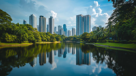 A cityscape featuring contemporary high-rise buildings beside a river, with the river's surface mirroring the impressive structures and surrounding greenery.の素材