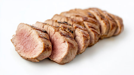 A close-up of sliced pork tenderloin on a white background, highlighting the tender, juicy meat and its preparation for a gourmet dish.の素材
