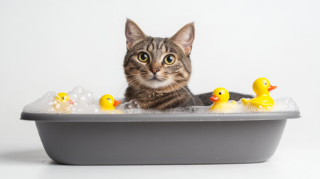 A cat in a small, portable pet bath tub with bubbles and rubber duckies, making bath time fun and engaging, set against a white background for a clean look.の素材