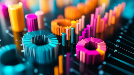 A close-up of a 3D graph with colorful, popping segments, representing different sectors of business performance and financial growthの素材