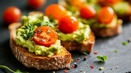 A close-up of crispy toasted bread with a layer of creamy avocado spread, garnished with cherry tomatoes and a sprinkle of herbs, set on a breakfast table.の素材