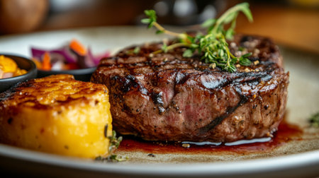 A close-up of a perfectly cooked beef steak on a plate, garnished with herbs and accompanied by side dishes, highlighting the texture and juiciness.の素材