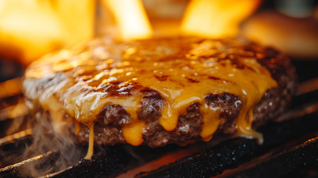 A close-up of a juicy burger patty being grilled, with melted cheese and fresh toppings, emphasizing the delicious, sizzling meat.の素材