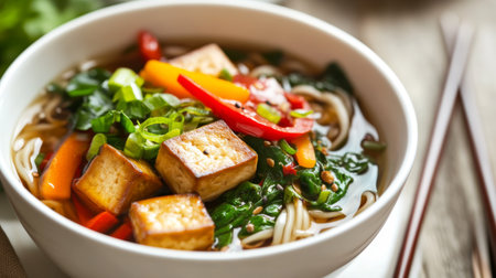A close-up of a traditional noodle dish with colorful vegetables, tofu, and a savory sauce, served in a white bowl with chopsticks on the side.の素材
