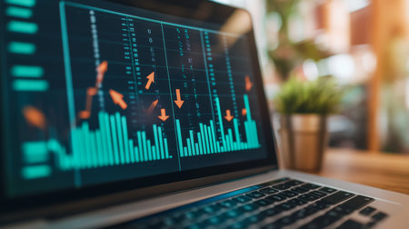 A close-up of a financial chart displayed on a laptop screen, with arrows pointing up and down, representing market changes and financial data.の素材
