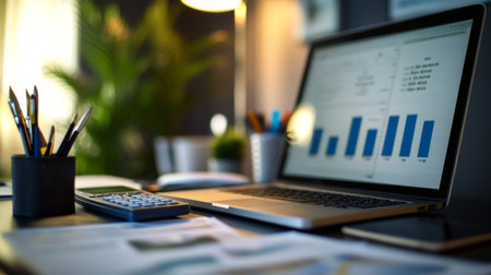 A close-up of a financial planner desk with a variety of banking documents, a calculator, and a laptop displaying financial software, illustrating financial planning activities.の素材