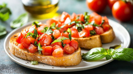 A plate of Italian bruschetta with tomatoes, basil, and olive oil, elegantly arranged on a white dish, showcasing the fresh and vibrant ingredients.の素材