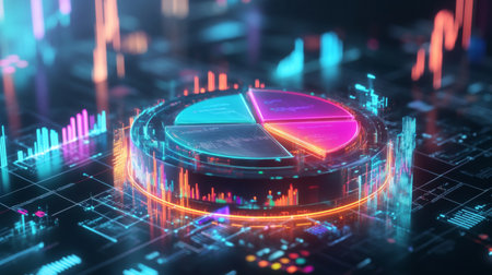 A floating 3D pie chart with glowing neon segments, representing various financial categories, surrounded by abstract data points and graphs.の素材