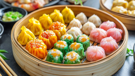 A colorful assortment of dim sum dishes, including vibrant siu mai and freshly steamed bao buns, served on a traditional bamboo mat with a neutral backdrop.の素材