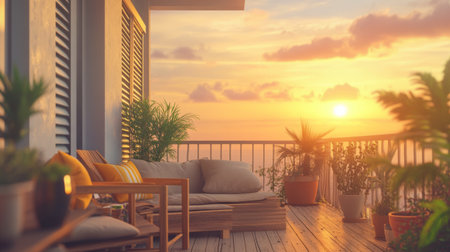 A cozy house balcony with wooden furniture, potted plants, and soft cushions, overlooking a beautiful sunset with a peaceful atmosphere.の素材