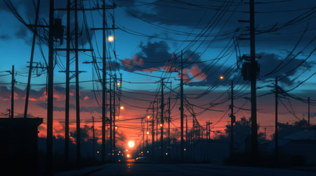 A dramatic night scene with electric utility poles illuminated by streetlights, casting long shadows and creating a striking industrial landscape.の素材