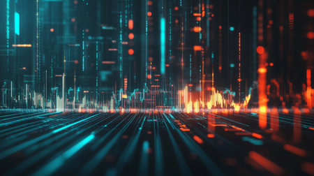 A futuristic stock market graph with moving lines and candlesticks, symbolizing high-frequency trading, market trends, and stock volatilityの素材