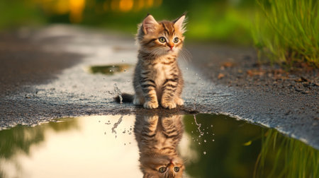 A kitten sitting in a shallow puddle after a rain shower, with its reflection visible and playful splashes as it moves around.の素材