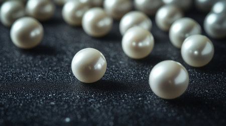 A minimalist close-up of pearls scattered on a smooth, black surface, their round shapes and shimmering tones standing out dramatically.の素材