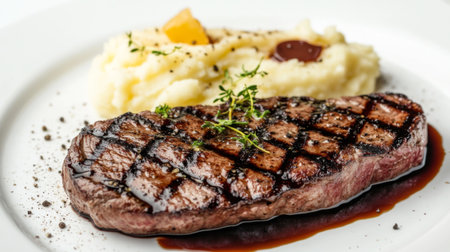 A gourmet steak dinner with a perfectly cooked steak, drizzled with a balsamic glaze, and accompanied by mashed potatoes, set against a white background for a clean, professional look.の素材