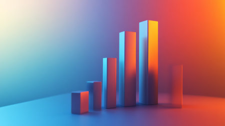 A rising 3D bar chart with a gradient background of blue and orange, symbolizing financial success and increasing profit margins.の素材