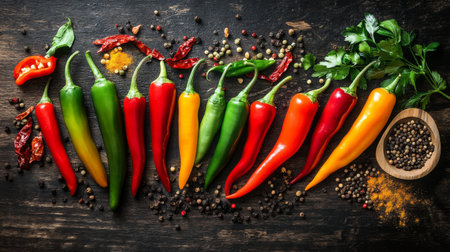 A vibrant assortment of fresh chili peppers in various colors, including red, green, and yellow, displayed on a rustic wooden table with spices and herbs.の素材