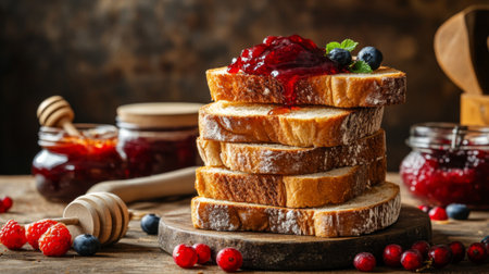 A stack of perfectly toasted bread slices with a variety of toppings, including jam, honey, and fruit, displayed on a rustic kitchen counterの素材