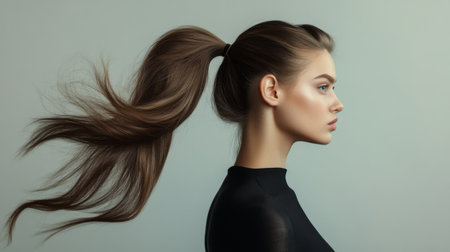 A stunning high ponytail with volume and smooth, controlled strands, modeled by a woman in a dynamic, active pose to highlight the hairstyle versatility and flairの素材