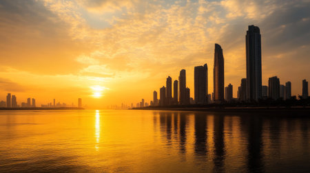 A stunning sunset view of tall skyscrapers along a riverbank, with the golden light reflecting off the water and creating a dramatic skyline silhouette.の素材