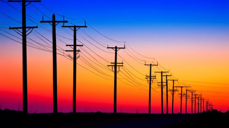 A row of tall electric utility poles silhouetted against a vibrant sunset, with power lines stretching across a clear sky and creating a dramatic, industrial sceneの素材