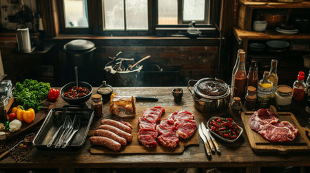 A rustic kitchen countertop with raw meat cuts like steak and sausages alongside spices, marinades, and kitchen tools for meal preparation.の素材