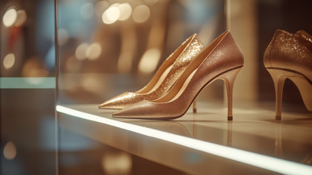 A stylish pair of high-heeled shoes in a chic boutique, set on a polished display shelf with soft lighting to emphasize their elegance and fashion-forward look.の素材