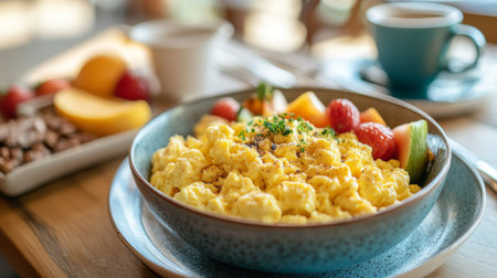 A stylish breakfast table with a bowl of scrambled eggs, lightly seasoned and garnished, along with a side of fresh fruit and a cup of coffeeの素材