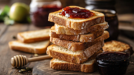 A stack of perfectly toasted bread slices with a variety of toppings, including jam, honey, and fruit, displayed on a rustic kitchen counterの素材