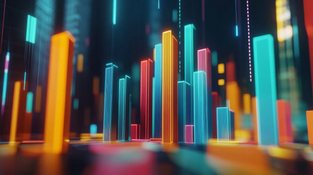 A vibrant 3D graph with multicolored bars, floating in a digital space, showcasing financial data analysis and market performanceの素材