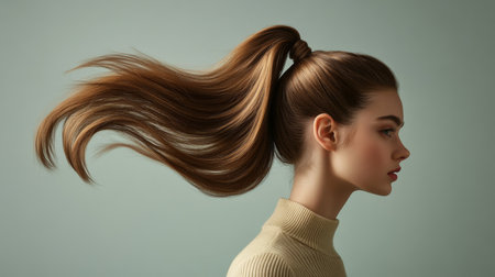 A stunning high ponytail with volume and smooth, controlled strands, modeled by a woman in a dynamic, active pose to highlight the hairstyle versatility and flairの素材