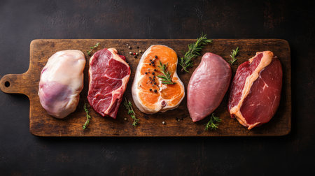 A selection of raw meats including beef steaks, chicken breasts, and pork chops arranged on a cutting board, showcasing different types of meat ready for cooking.の素材