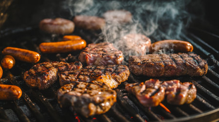 A sizzling grill with various cuts of meat cooking to perfection, including juicy steaks and sausages, with smoke and grill marks visible.の素材