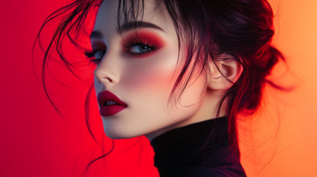 A stylish portrait of a woman with bold makeup and an edgy hairstyle, showcasing her confident personality and fashionable appearance in a vibrant studio setting.の素材