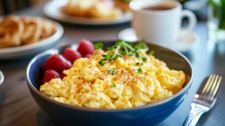 A stylish breakfast table with a bowl of scrambled eggs, lightly seasoned and garnished, along with a side of fresh fruit and a cup of coffeeの素材