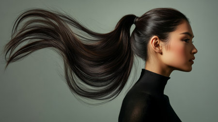A stunning high ponytail with volume and smooth, controlled strands, modeled by a woman in a dynamic, active pose to highlight the hairstyle versatility and flairの素材