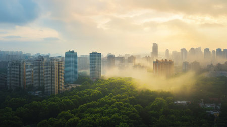 A time-lapse image of a city showing the transition from green forests to urban sprawl and smog, illustrating the long-term impact of global warming.の素材